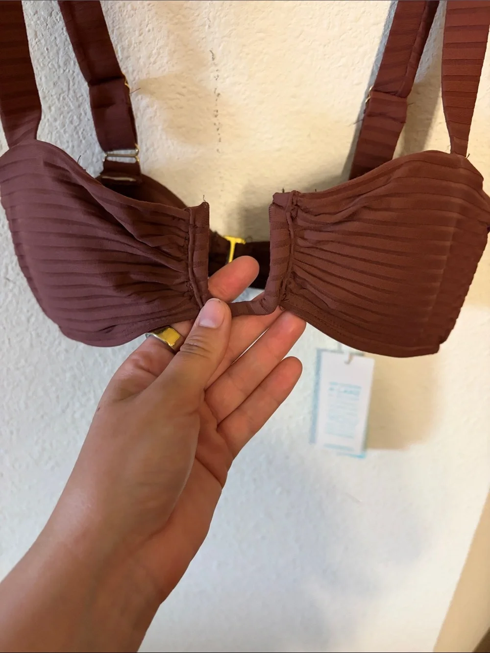 Ribbed Brown Bandeau Bikini Top with Center Gold Accent